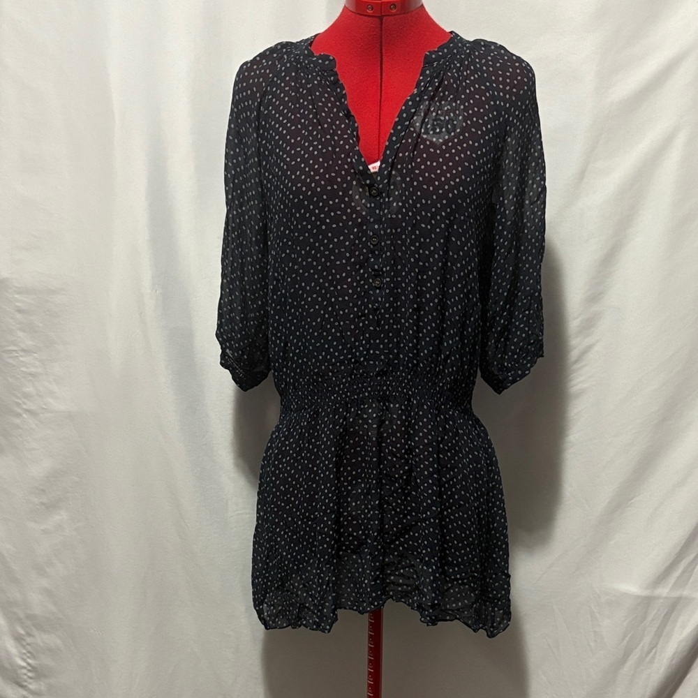 Club Monaco 100% Silk Dark Blue Blouse with White Dots SM189